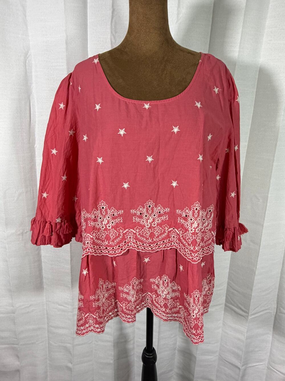 Coldwater Creek Coral Pink Embroidered Cotton Blouse L Scalloped Tassel Boho Top